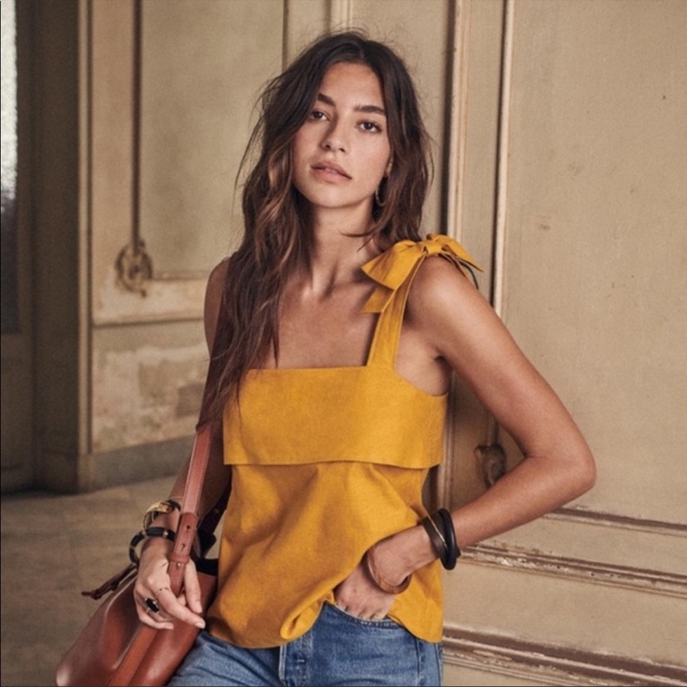 Sezane Isa Curry Yellow Linen Blend Bow Top Size 36